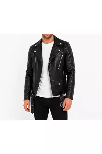 Men's biker black genuine leather silver zip premium finish jacket