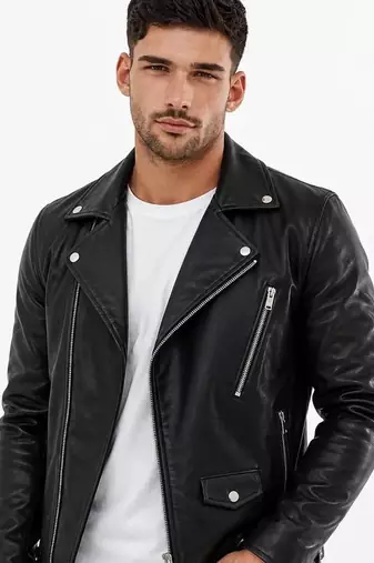 Men's biker black genuine leather silver zip premium finish jacket