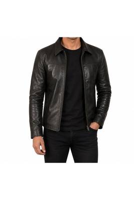 Men's black genuine leather fashion outerwear casual style jacket 1