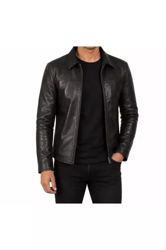 Men's black genuine leather fashion outerwear casual style jacket
