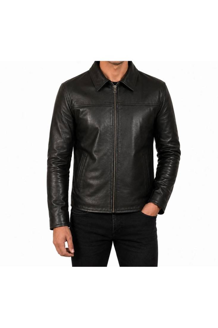Men's black genuine leather fashion outerwear casual style jacket