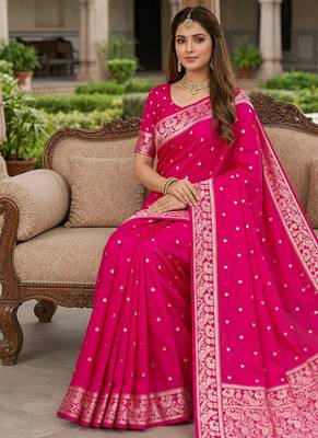Pink soft silk blend saree with zari weaving meenakari design 3