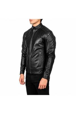 Men's black quilted leather real lambskin casual style biker jacket 1