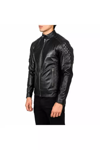 Men's black quilted leather real lambskin casual style biker jacket