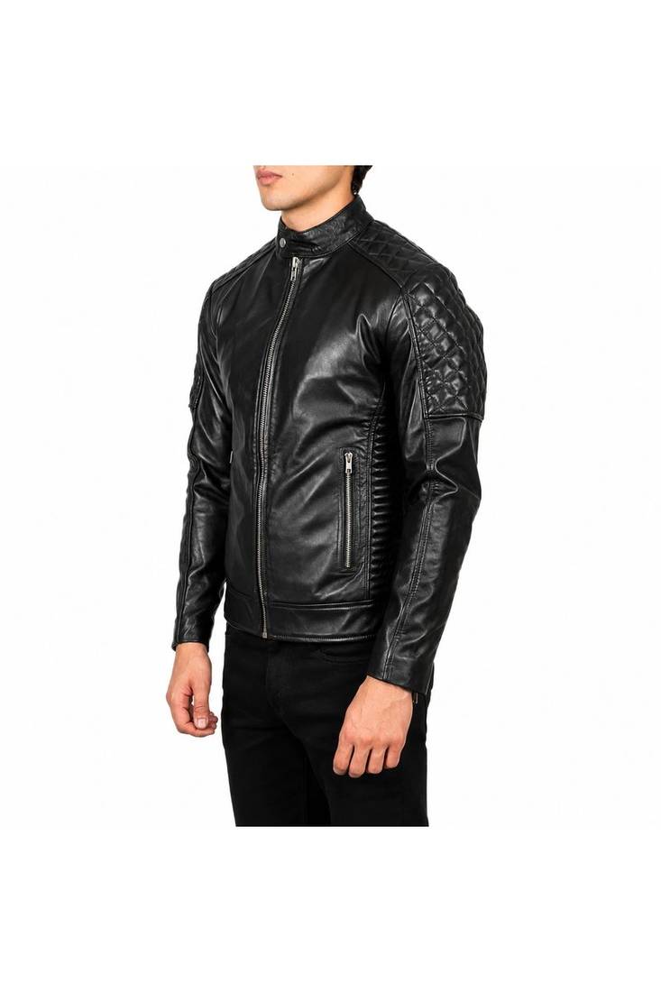 Men's black quilted leather real lambskin casual style biker jacket