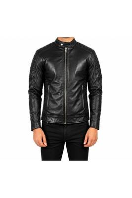 Men's black quilted leather real lambskin casual style biker jacket 2