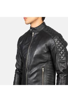 Men's black quilted leather real lambskin casual style biker jacket 4