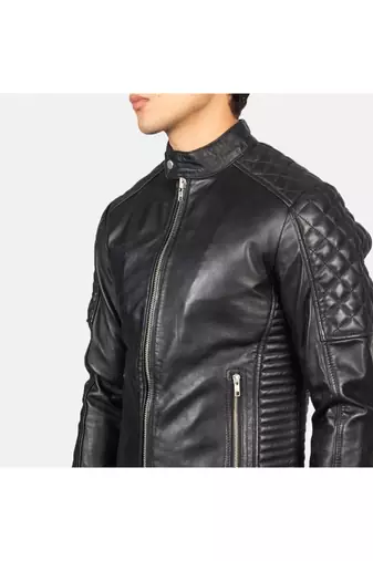 Men's black quilted leather real lambskin casual style biker jacket