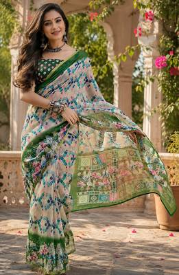 Cream & green linen geomatric & abstract grid digital print bollywood saree 1