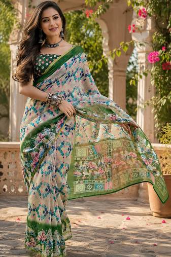Cream & green linen geomatric & abstract grid digital print bollywood saree