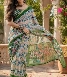 Cream & green linen geomatric & abstract grid digital print bollywood saree