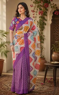 Cream & purple linen geomatric block digital print bollywood saree 1