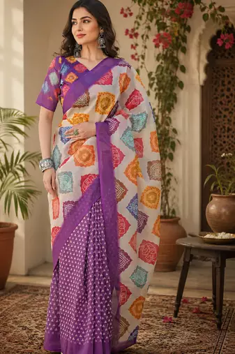 Cream & purple linen geomatric block digital print bollywood saree