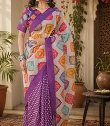 Cream & purple linen geomatric block digital print bollywood saree