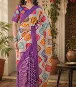 Cream & purple linen geomatric block digital print bollywood saree