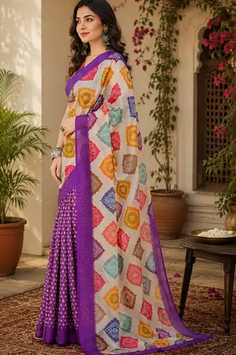 Cream & purple linen geomatric block digital print bollywood saree