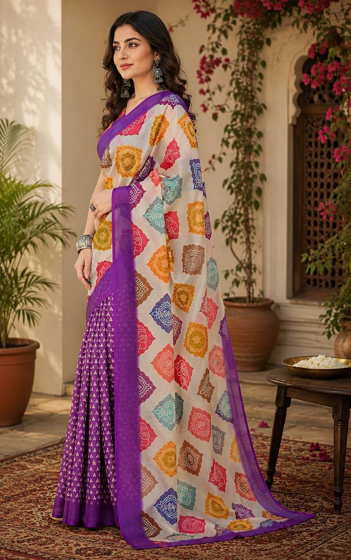 Cream & purple linen geomatric block digital print bollywood saree