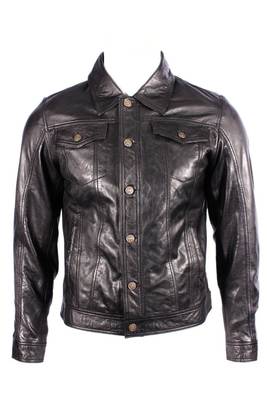 Men's genuine black leather modern fit buttoned jeans jacket 1