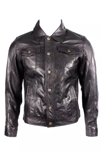 Men's genuine black leather modern fit buttoned jeans jacket