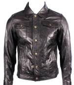 Men's genuine black leather modern fit buttoned jeans jacket