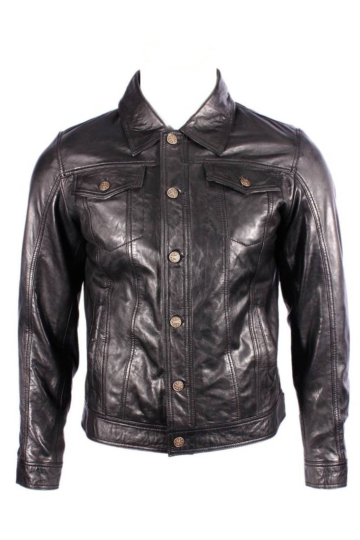 Men's genuine black leather modern fit buttoned jeans jacket
