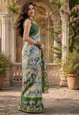 Cream & green linen geomatric & abstract grid digital print bollywood saree 3