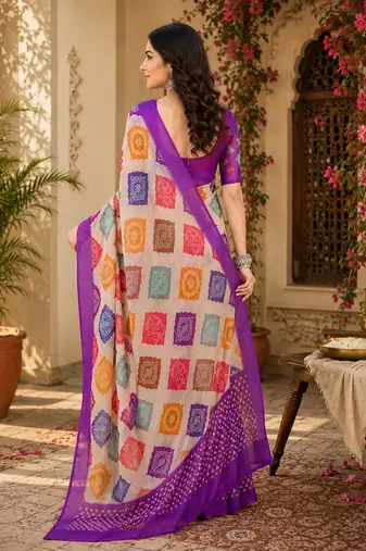 Cream & purple linen geomatric block digital print bollywood saree