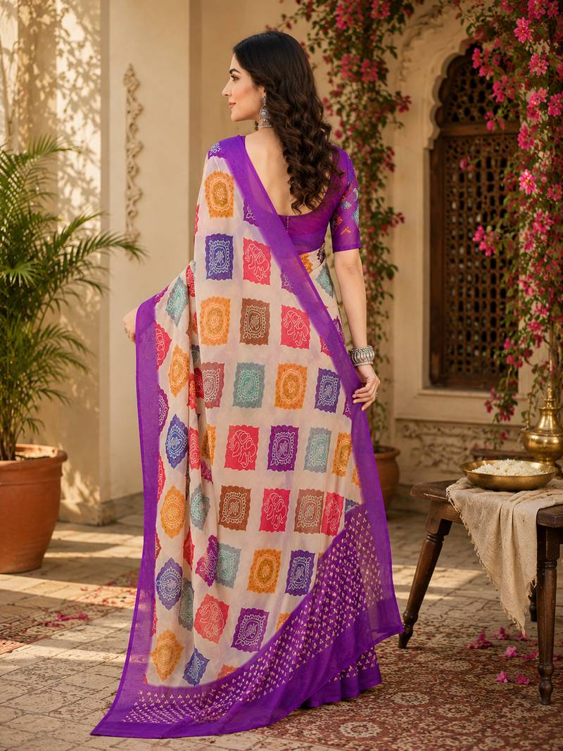 Cream & purple linen geomatric block digital print bollywood saree