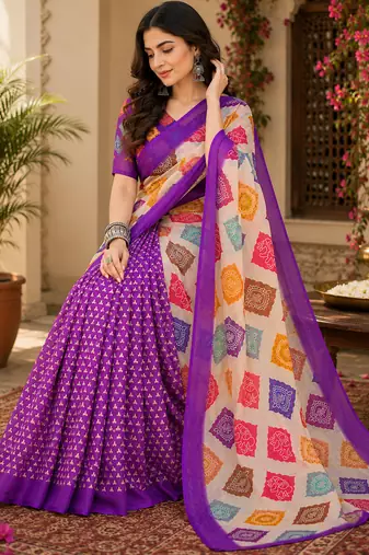 Cream & purple linen geomatric block digital print bollywood saree