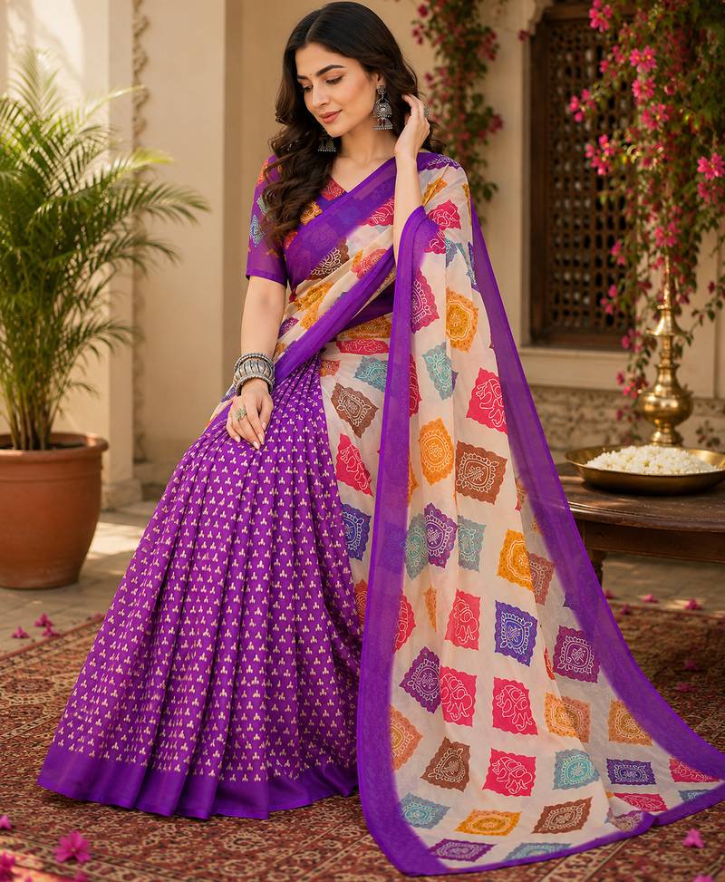 Cream & purple linen geomatric block digital print bollywood saree