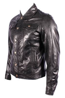 Men's genuine black leather modern fit buttoned jeans jacket 2