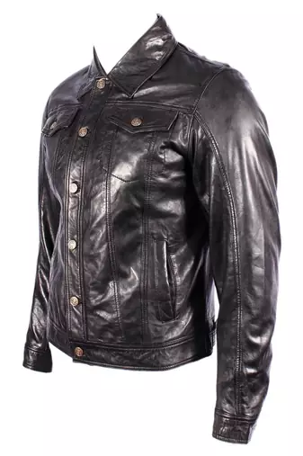 Men's genuine black leather modern fit buttoned jeans jacket