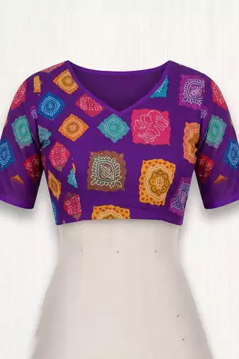 Cream & purple linen geomatric block digital print bollywood saree