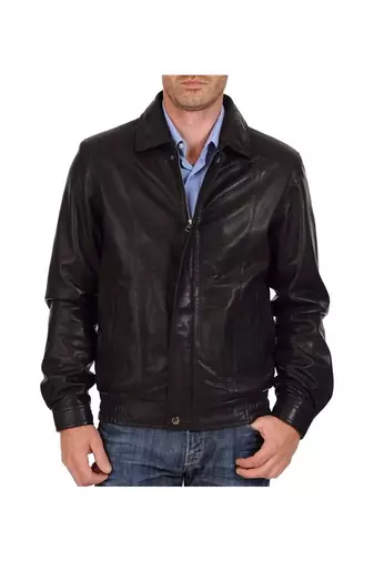 Men's genuine black leather handcrafted elastic 80's style bomber jacket