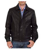Men's genuine black leather handcrafted elastic 80's style bomber jacket