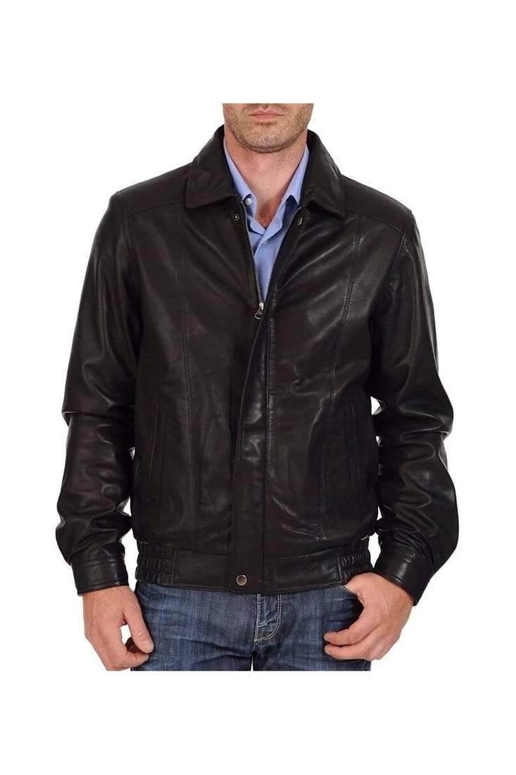 Men's genuine black leather handcrafted elastic 80's style bomber jacket