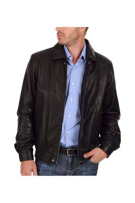 Men's genuine black leather handcrafted elastic 80's style bomber jacket 2