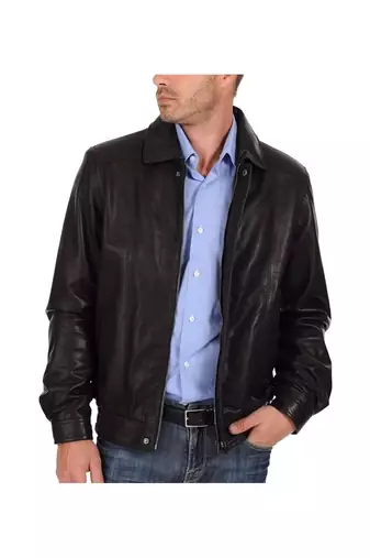 Men's genuine black leather handcrafted elastic 80's style bomber jacket