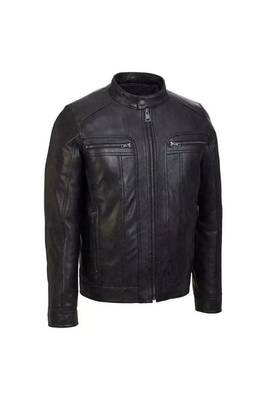 Men's black leather gunmetal zip timeless style casual jacket 1