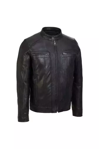 Men's black leather gunmetal zip timeless style casual jacket