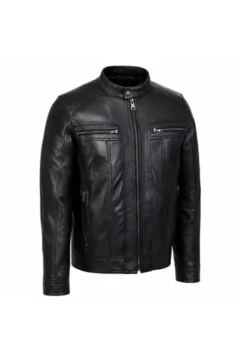 Men's black leather gunmetal zip timeless style casual jacket