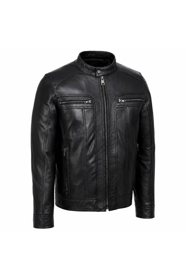 Men's black leather gunmetal zip timeless style casual jacket