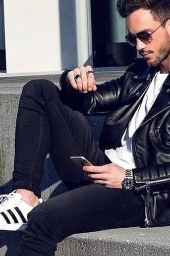 Men black genuine leather silver zip motorcycle style biker jacket
