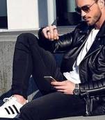 Men black genuine leather silver zip motorcycle style biker jacket