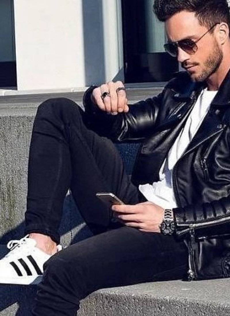 Men black genuine leather silver zip motorcycle style biker jacket