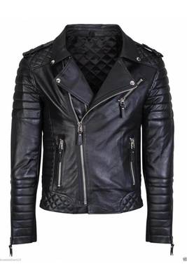 Men black genuine leather silver zip motorcycle style biker jacket 2