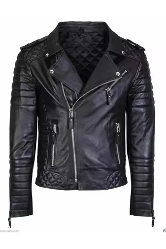 Men black genuine leather silver zip motorcycle style biker jacket
