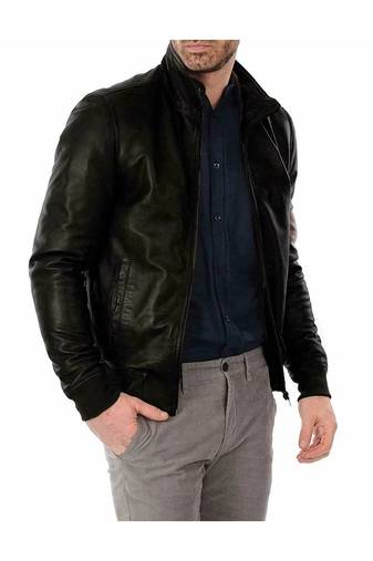 Men's black geuine leather premium quality bomer biker jacket