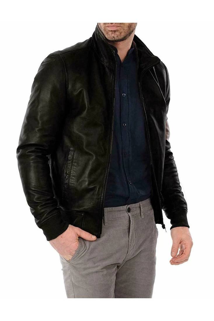 Men's black geuine leather premium quality bomer biker jacket