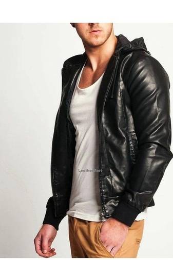 Men's black genuine leather smart casual wear hoodies jacket